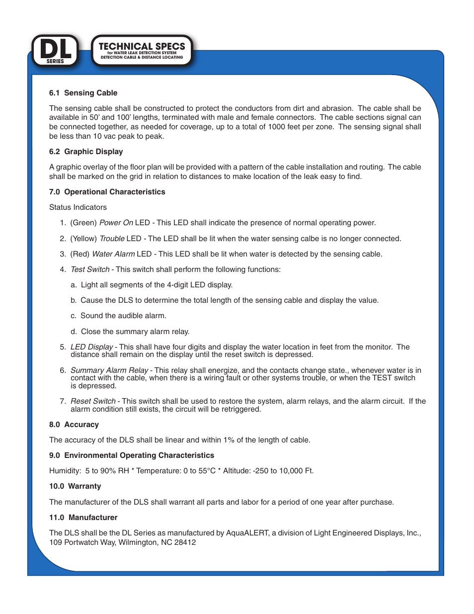 Light Engineered Displays AquaAlert Technical Specifications User Manual | Page 2 / 2