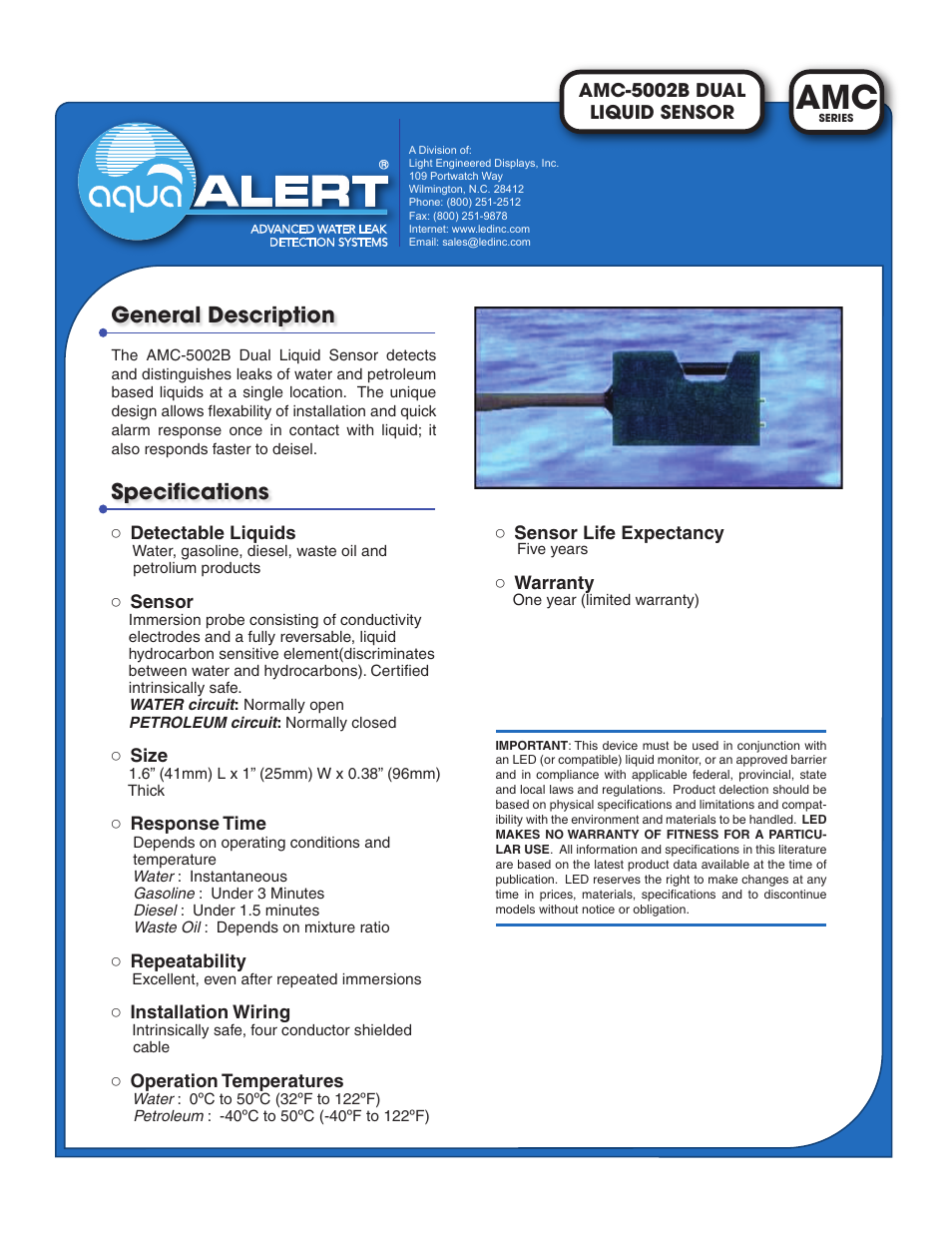 Light Engineered Displays Dual Liquid Sensors User Manual | 1 page