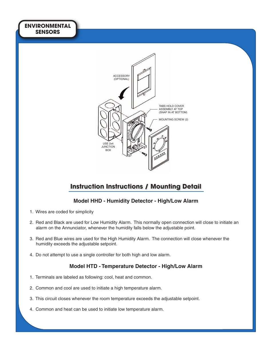 Instruction instructions / mounting detail, Model hhd - humidity detector - high/low alarm, Model htd - temperature detector - high/low alarm | Sensors environmental | Light Engineered Displays Temperature and Humidity Sensors User Manual | Page 2 / 2