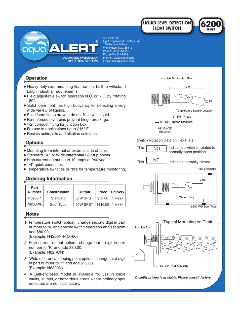 Light Engineered Displays Liquid Level Detection Float Switch User Manual | 1 page