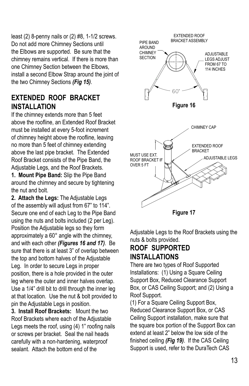 Extended roof bracket installation, Roof supported installations | M&G DuraVent DuraTech® 5-8 User Manual | Page 13 / 24