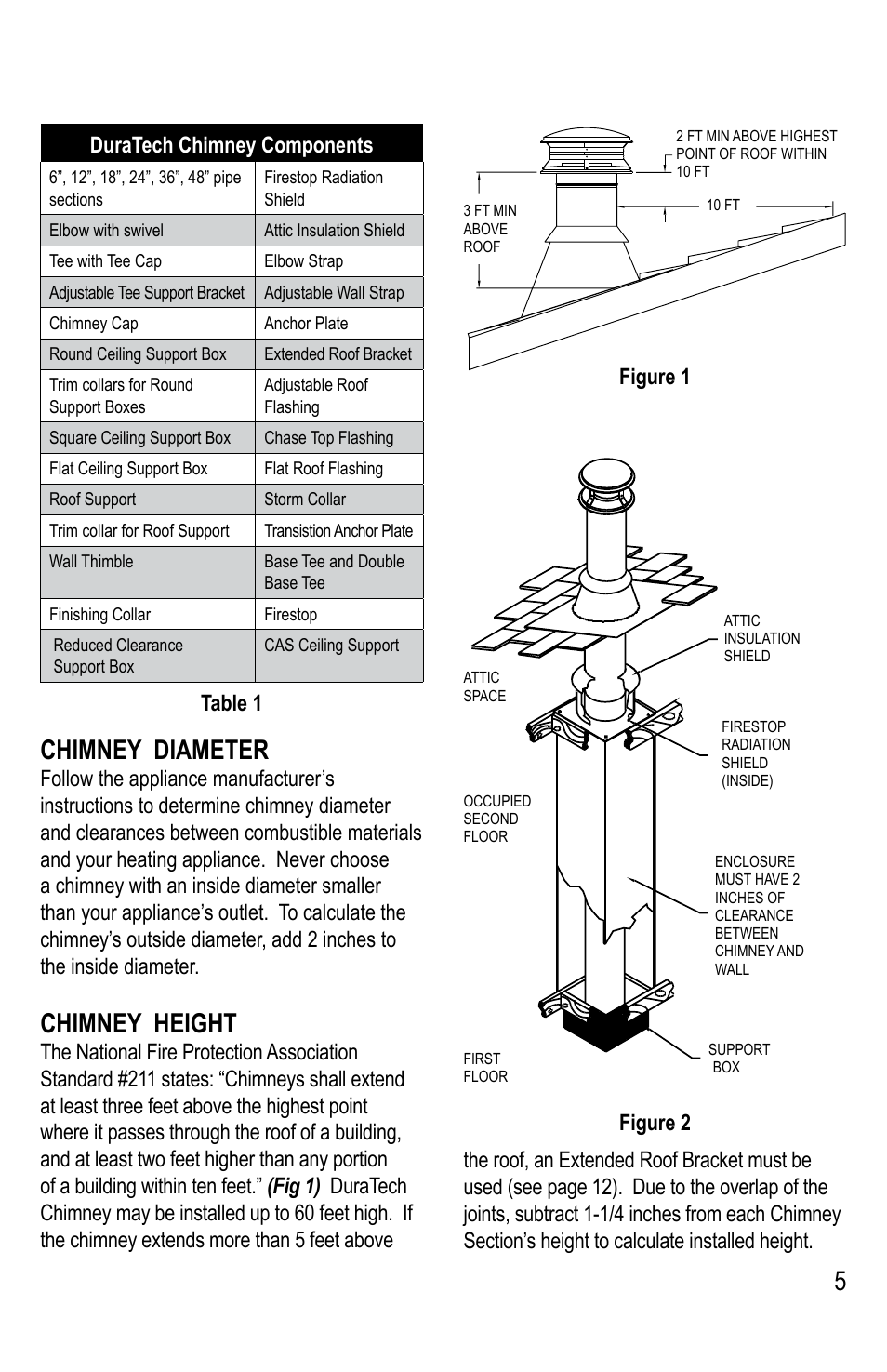 5chimney diameter, Chimney height, Table 1 | M&G DuraVent DuraTech® 5-8 User Manual | Page 5 / 24