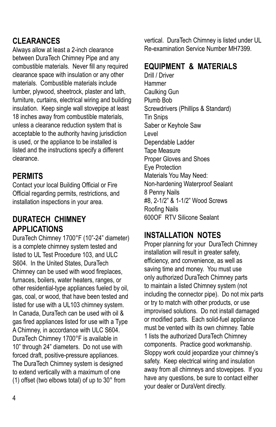 Clearances, Permits, Duratech chimney applications | Equipment & materials | DuraVent DuraTech 10-24 Installation User Manual | Page 4 / 24