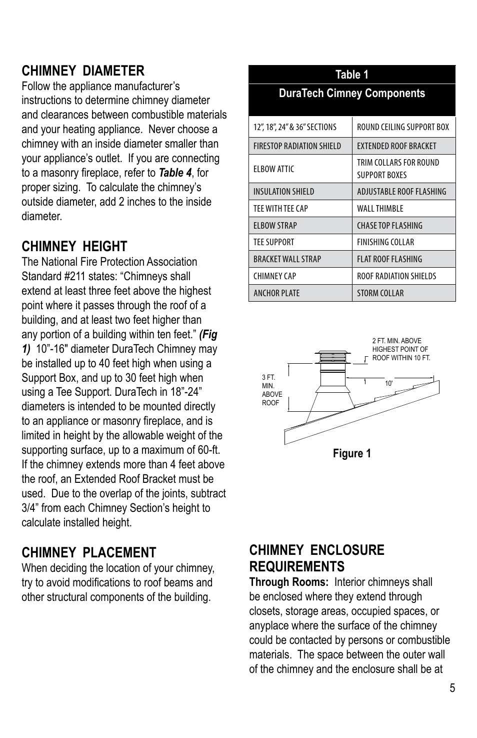 Chimney diameter, Chimney height, Chimney placement | Chimney enclosure requirements | DuraVent DuraTech 10-24 Installation User Manual | Page 5 / 24