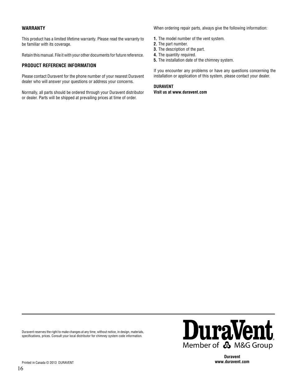 M&G DuraVent DuraTech® Canada User Manual | Page 16 / 16