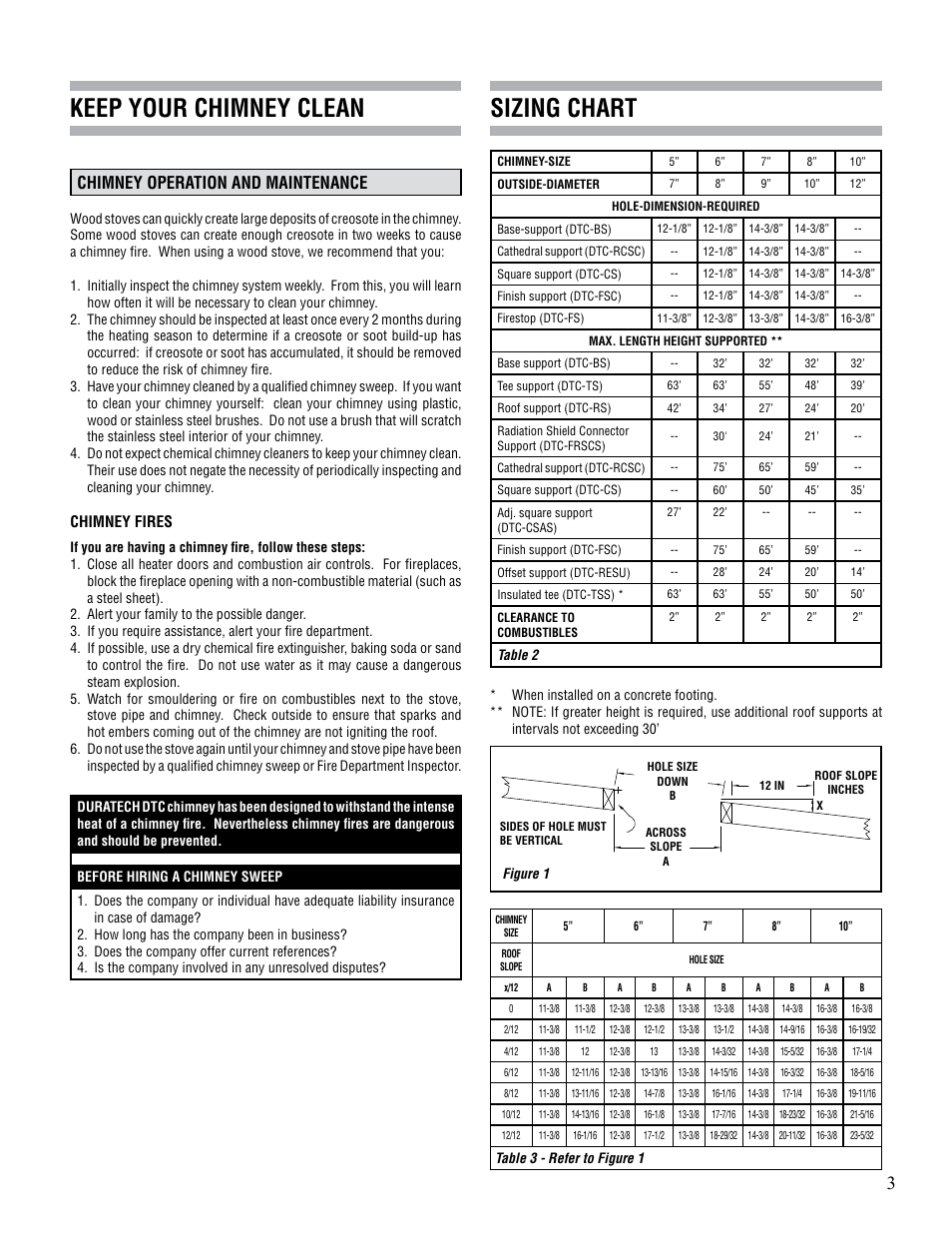 Keep your chimney clean sizing chart, Chimney operation and maintenance | M&G DuraVent DuraTech® Canada User Manual | Page 3 / 16