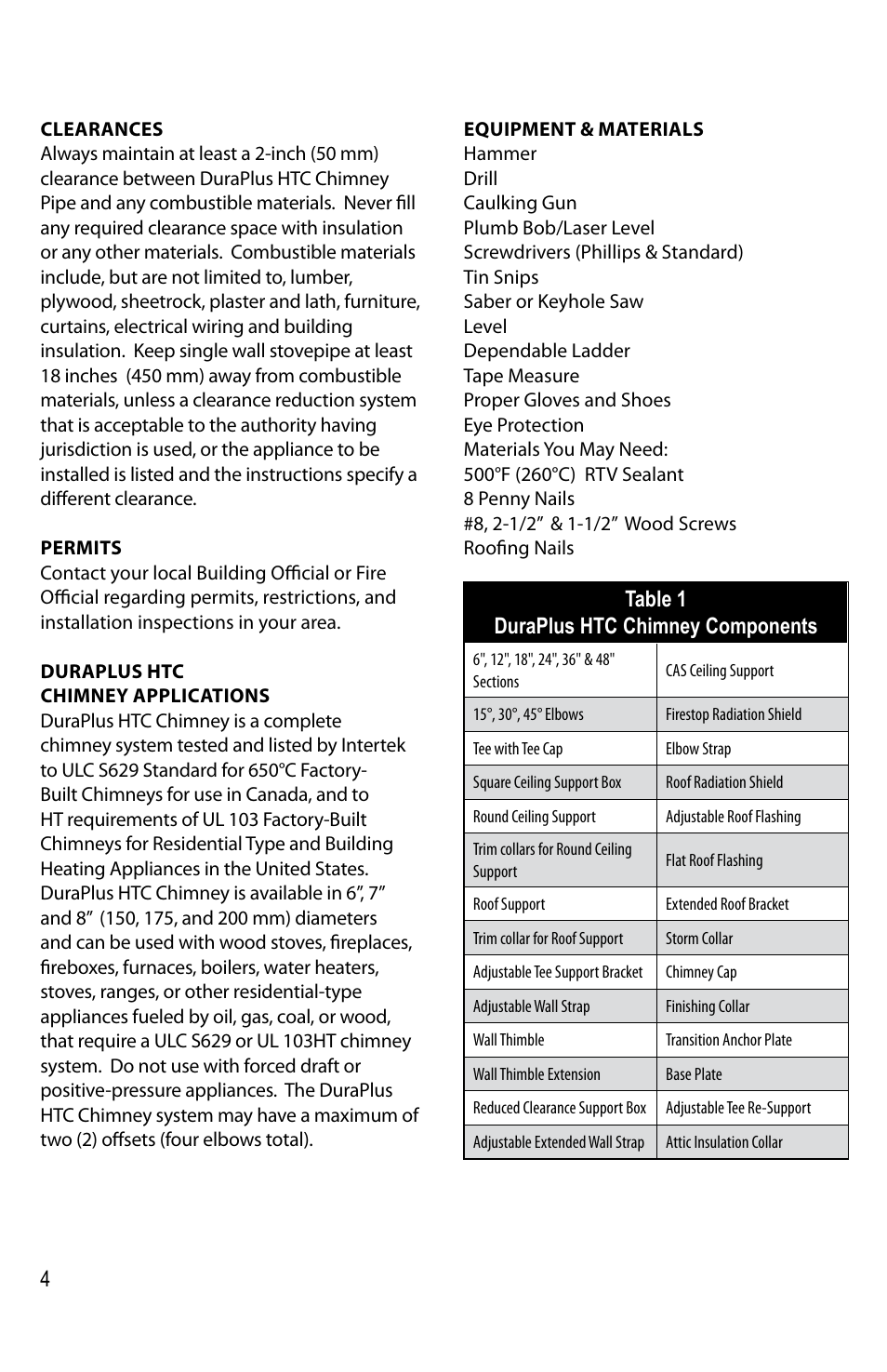 Table 1 duraplus htc chimney components | DuraVent DuraPlus HTC User Manual | Page 4 / 28