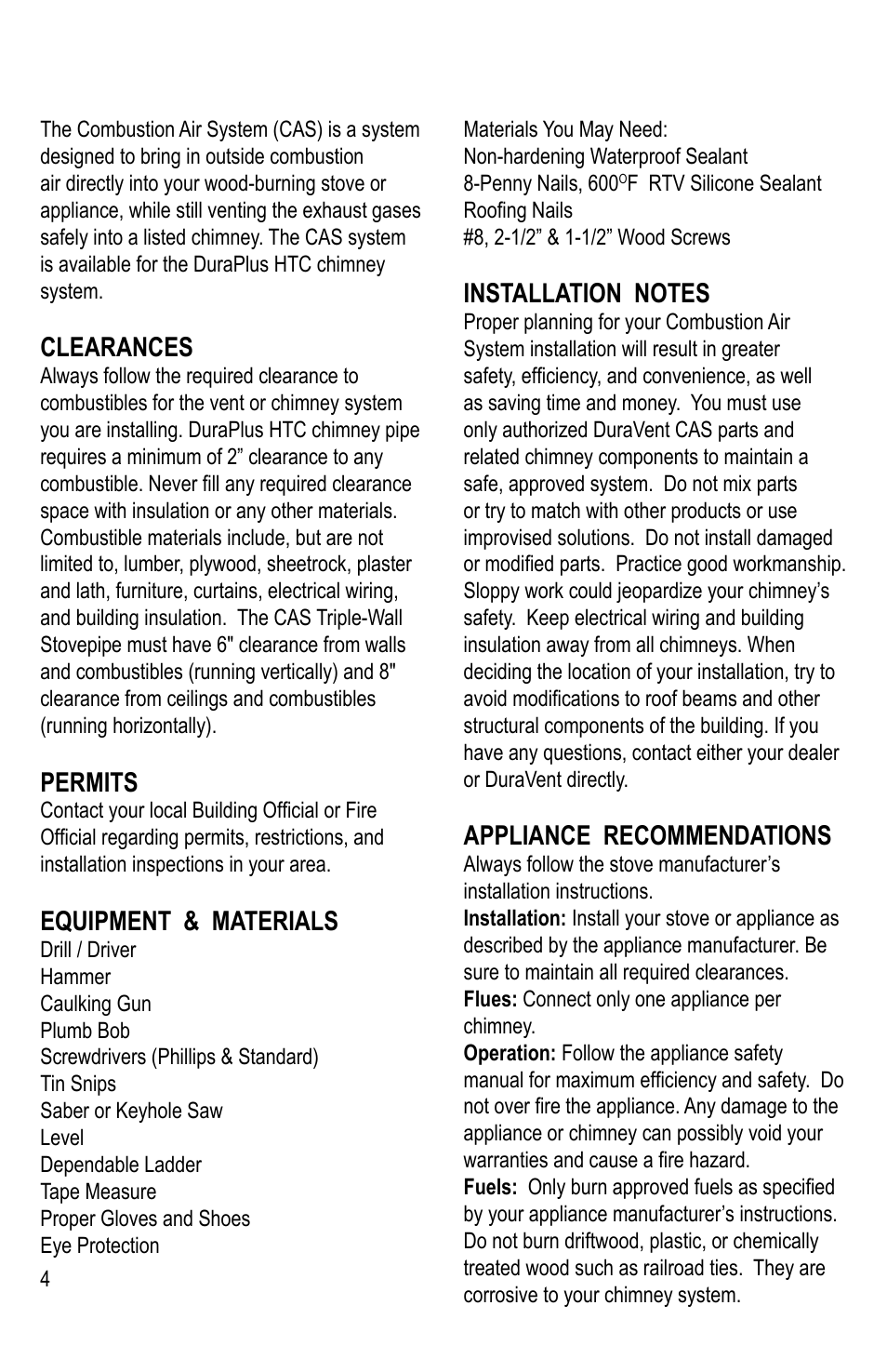 Clearances, Permits, Equipment & materials | Appliance recommendations | DuraVent Combustion Air Systems for DuraPlus HTC User Manual | Page 4 / 12
