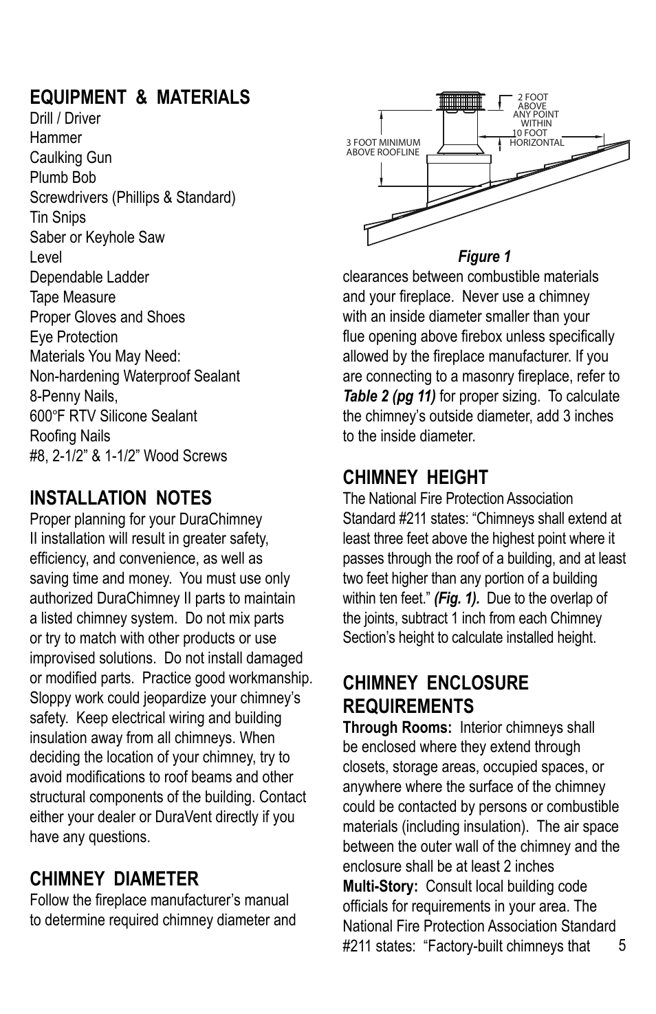 Equipment & materials, Chimney diameter, Chimney height | Chimney enclosure requirements | DuraVent DuraChimney II User Manual | Page 5 / 16