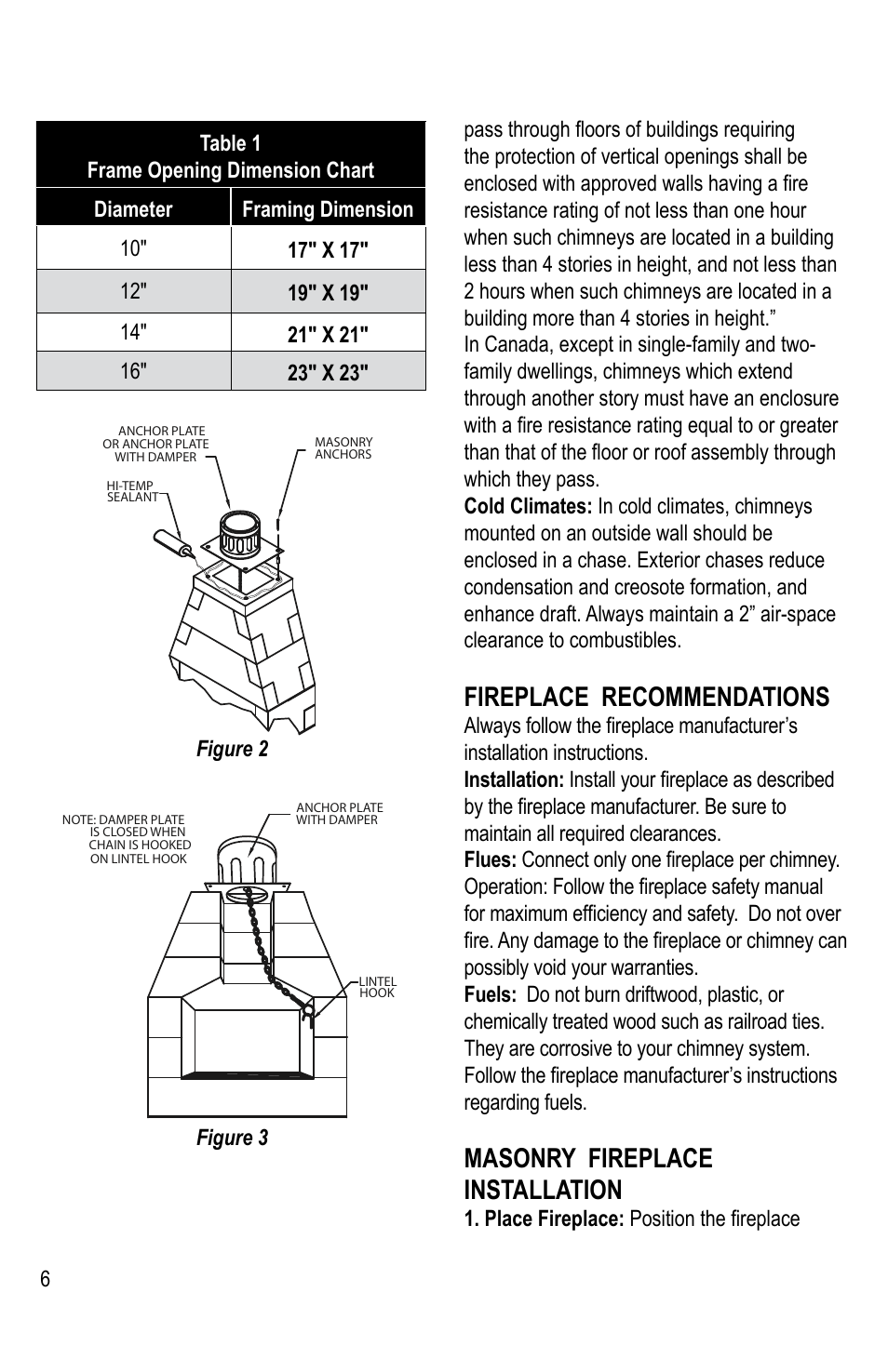 Fireplace recommendations, Masonry fireplace installation | DuraVent DuraChimney II User Manual | Page 6 / 16