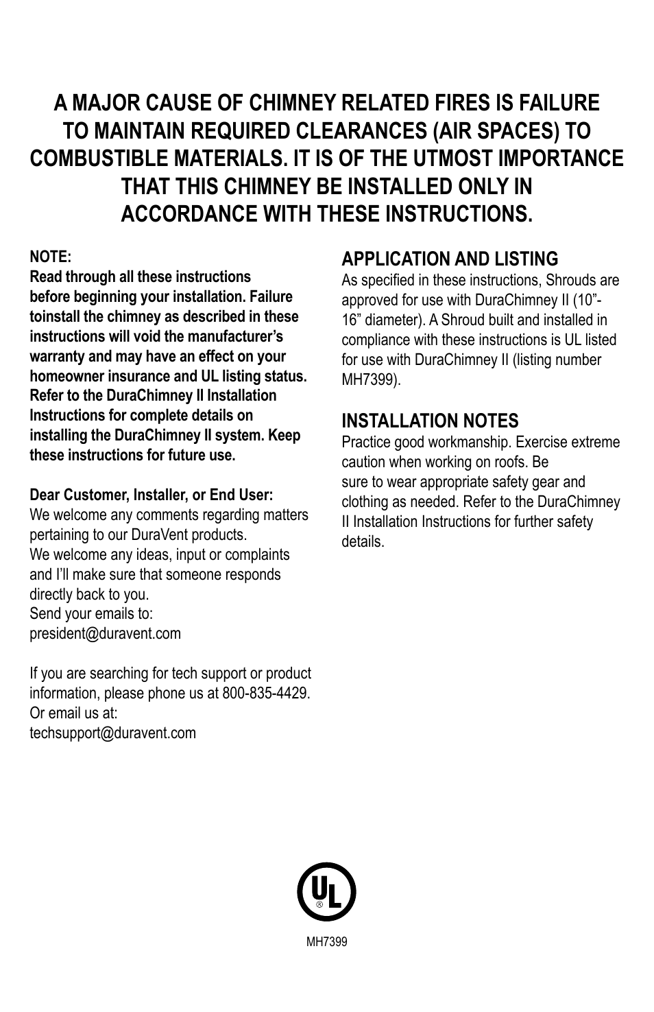 Application and listing | DuraVent DuraChimney II Shroud User Manual | Page 2 / 8