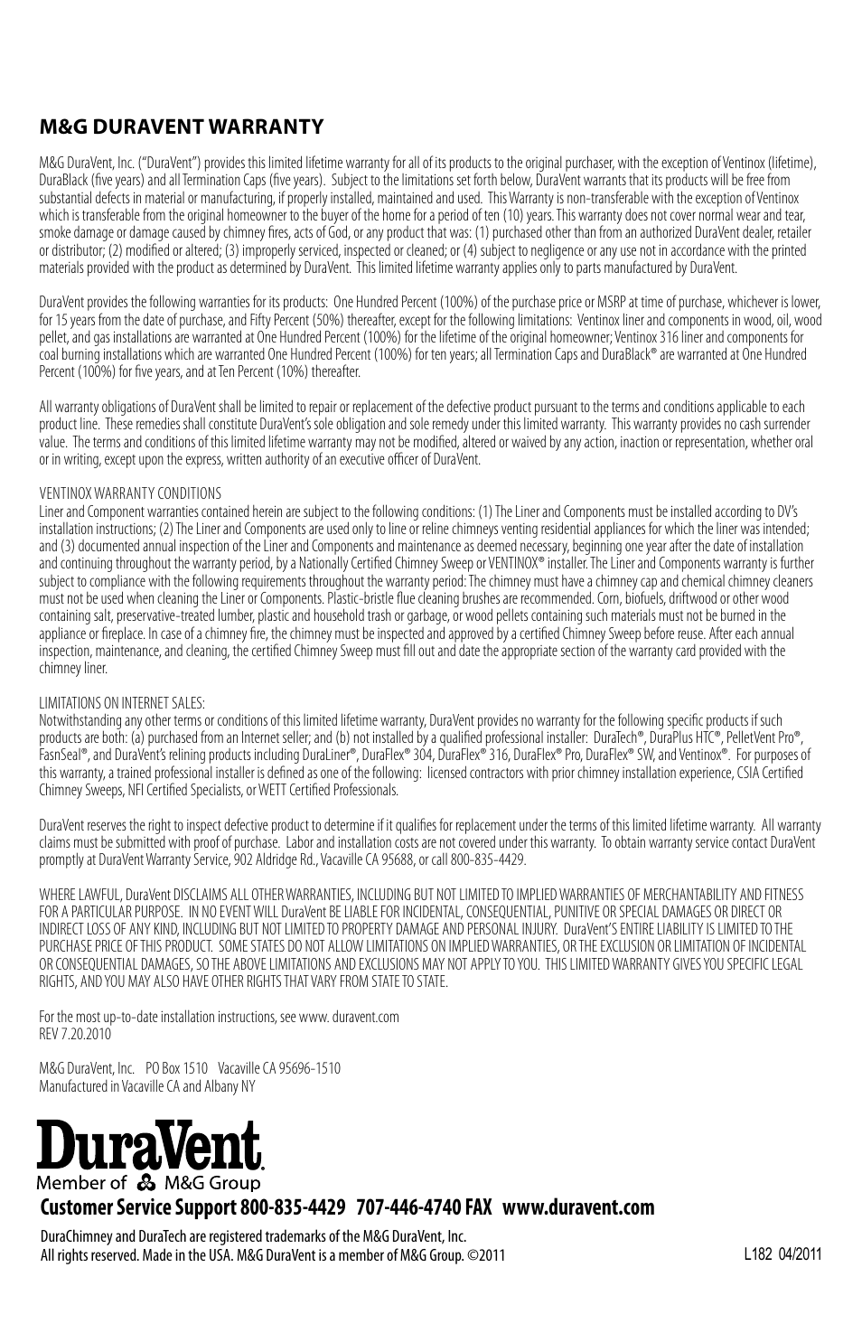 M&g duravent warranty | DuraVent DuraChimney II User Manual | Page 4 / 4