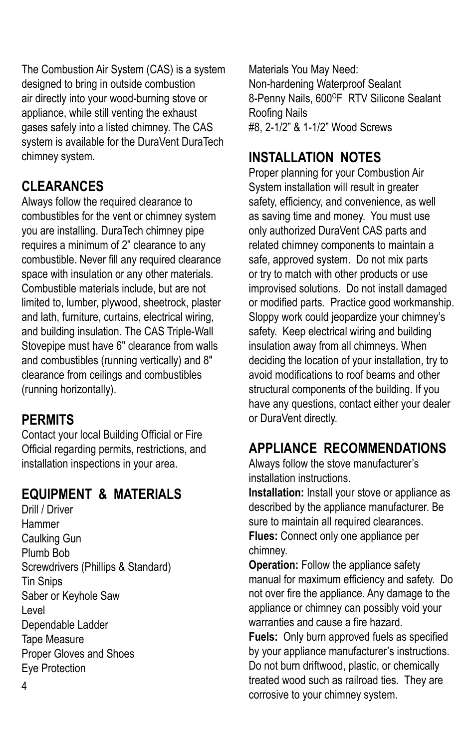 Clearances, Permits, Equipment & materials | Appliance recommendations | M&G DuraVent Combustion Air Systems User Manual | Page 4 / 12