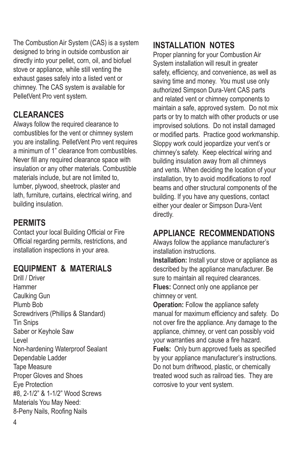 Clearances, Permits, Equipment & materials | Appliance recommendations | DuraVent Combustion Air Systems for PelletVent Pro User Manual | Page 4 / 12