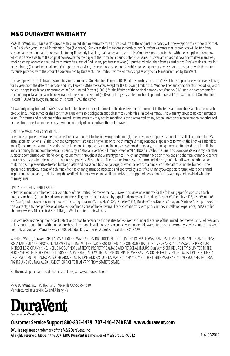 M&g duravent warranty | DuraVent DVL Installation User Manual | Page 8 / 8