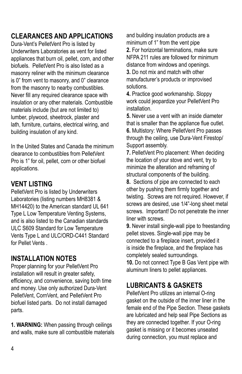 Clearances and applications, Vent listing, Lubricants & gaskets | DuraVent PelletVent Pro User Manual | Page 4 / 24