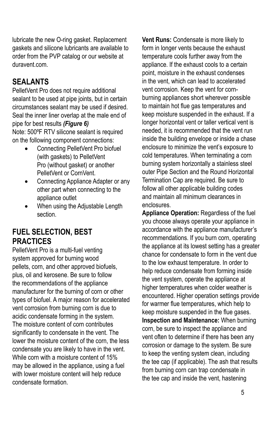 Sealants, Fuel selection, best practices | DuraVent PelletVent Pro User Manual | Page 5 / 24