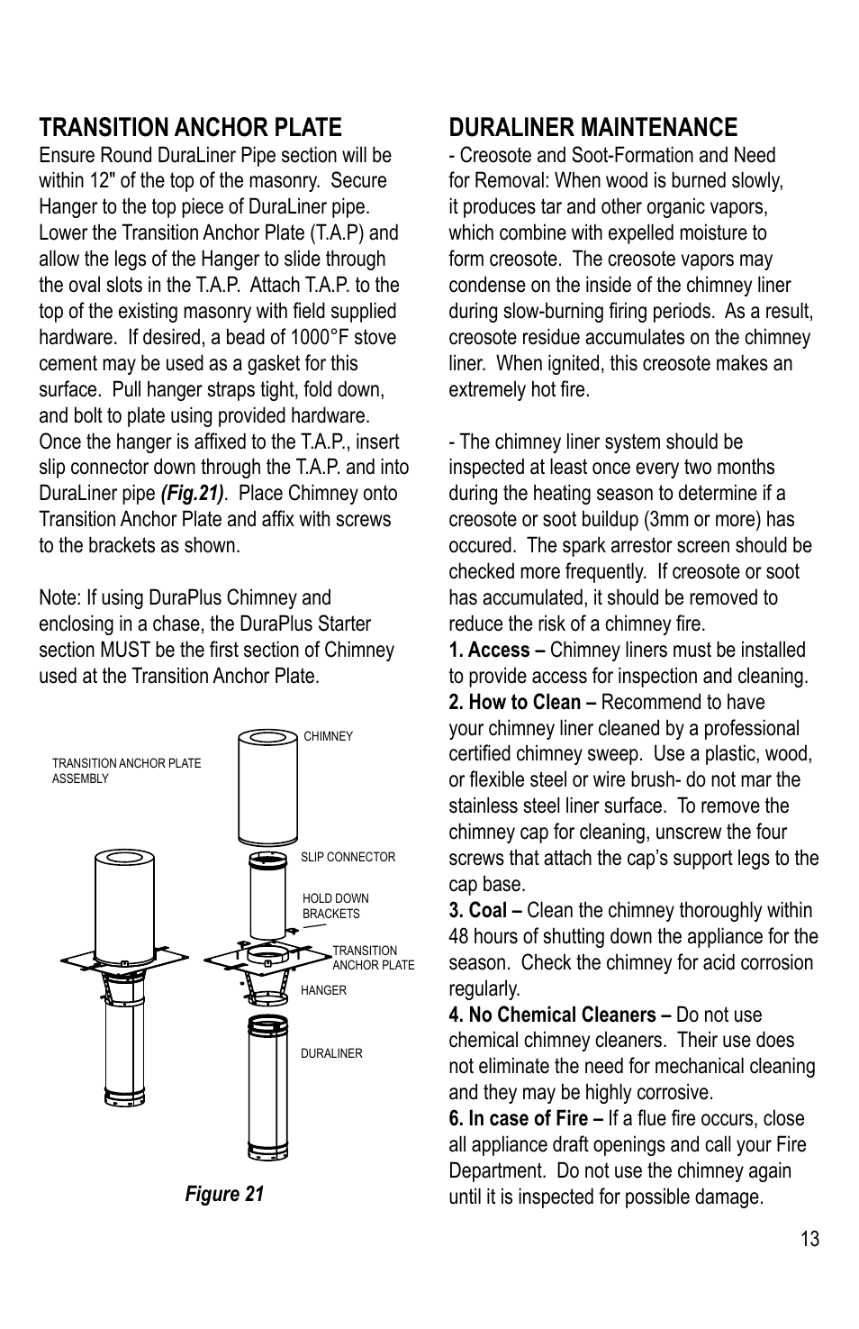 Transition anchor plate, Duraliner maintenance | M&G DuraVent DuraLiner® User Manual | Page 13 / 16