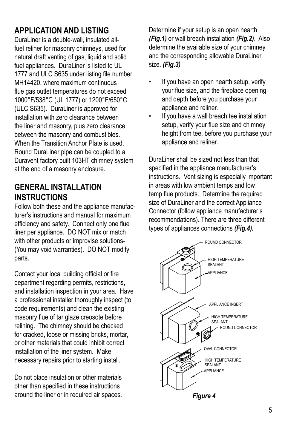 Application and listing, General installation instructions | M&G DuraVent DuraLiner® User Manual | Page 5 / 16