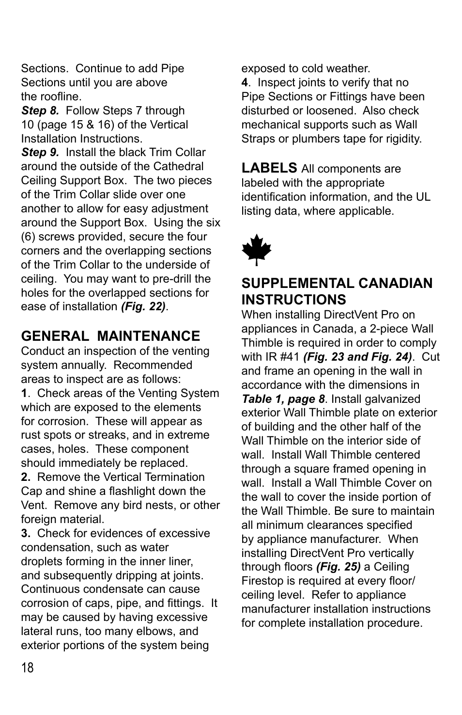 General maintenance, Labels, Supplemental canadian instructions | DuraVent Venting System For Direct Vent Pro User Manual | Page 18 / 20