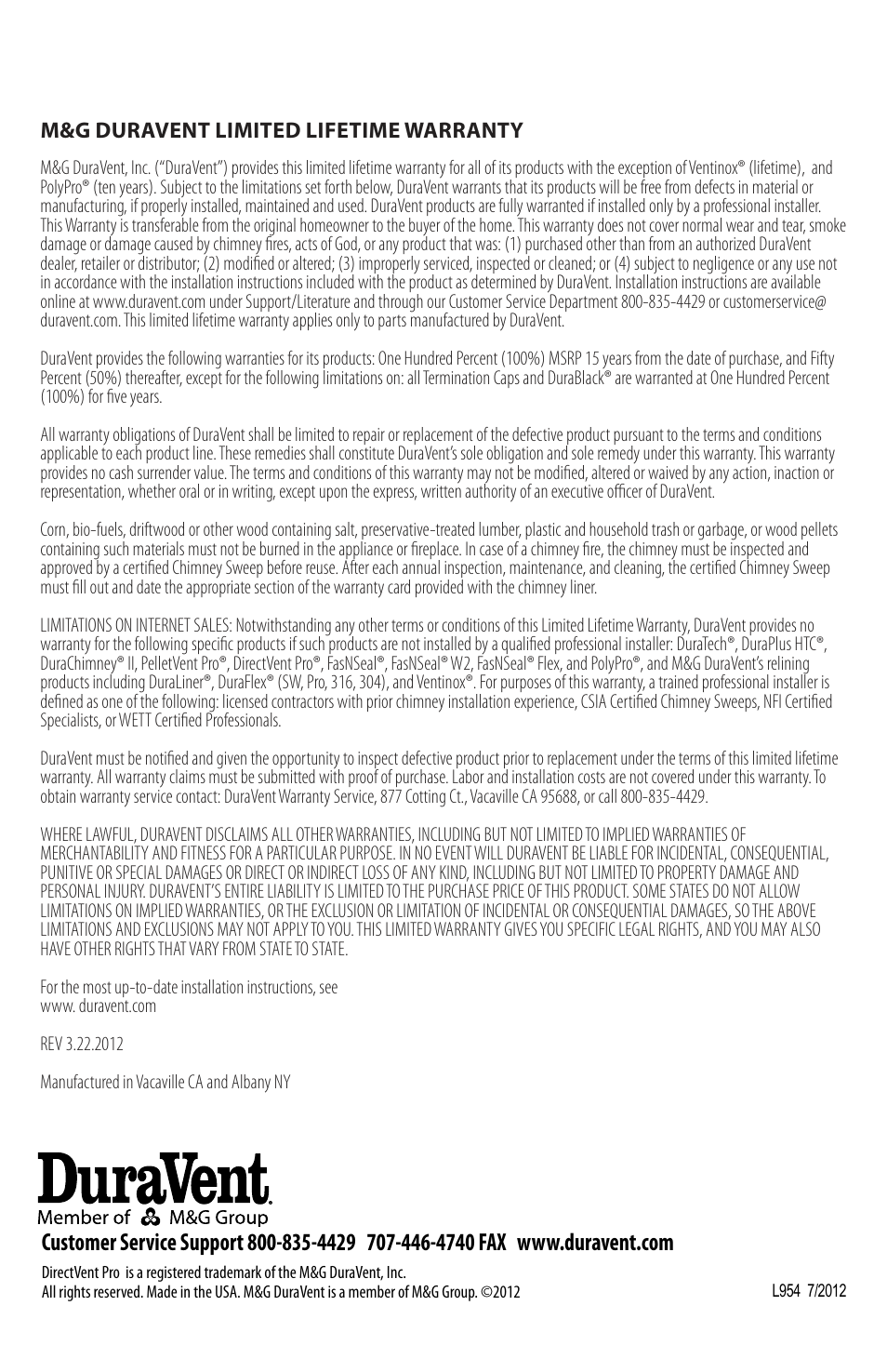 DuraVent Venting System For Direct Vent Pro User Manual | Page 20 / 20