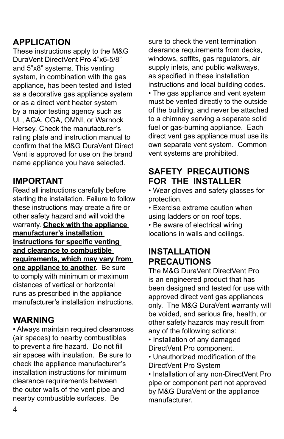 4application, Important, Warning | Safety precautions for the installer, Installation precautions | DuraVent Venting System For Direct Vent Pro User Manual | Page 4 / 20