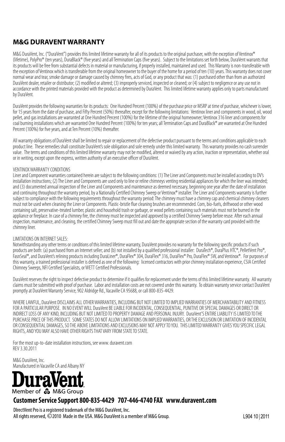 M&g duravent warranty | DuraVent Converting A Class  to A Direct Vent Pro User Manual | Page 11 / 11