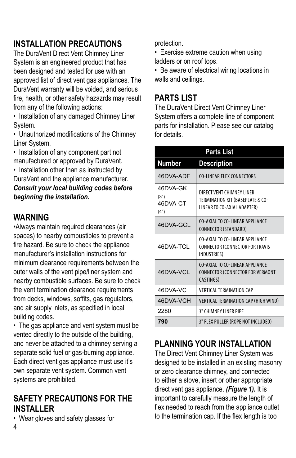 Installation precautions, Warning, Safety precautions for the installer | Parts list, Planning your installation | DuraVent DirectVent Pro Chimney Liner System User Manual | Page 4 / 8