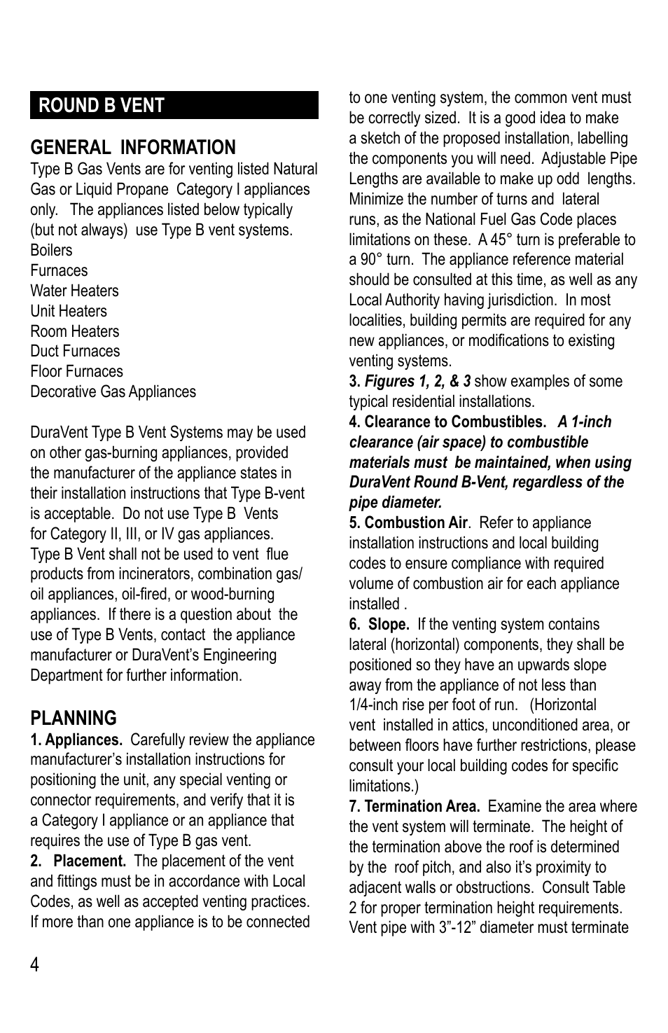 4general information, Planning, Round b vent | DuraVent Type B Gas Vent User Manual | Page 4 / 28