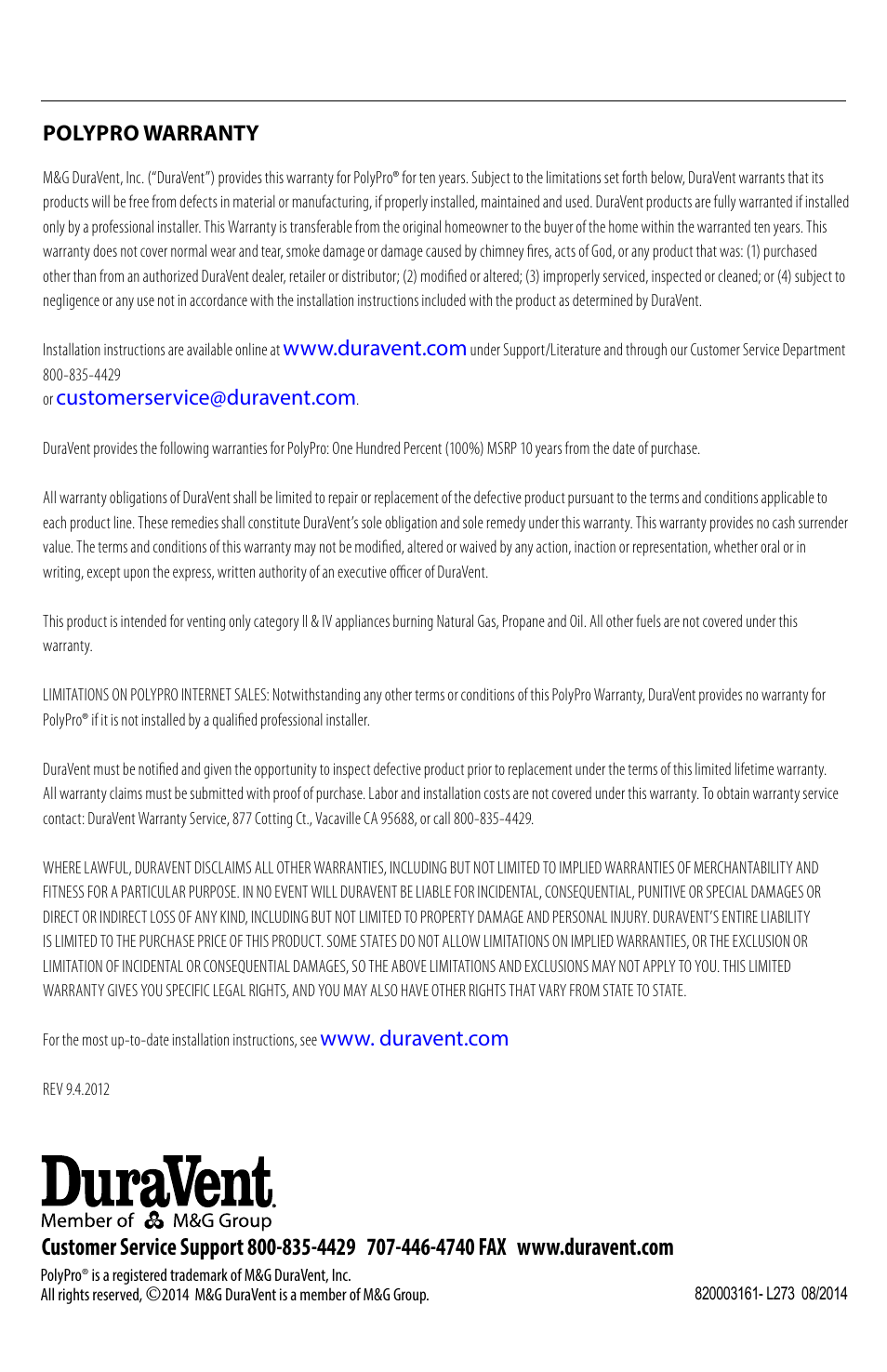 Polypro warranty | DuraVent PolyPro User Manual | Page 16 / 16