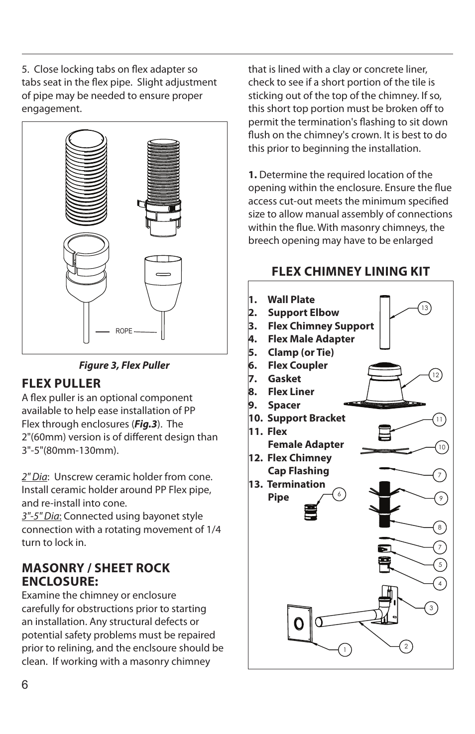 Flex chimney lining kit, Flex puller, Masonry / sheet rock enclosure | DuraVent PolyPro Flex User Manual | Page 6 / 12