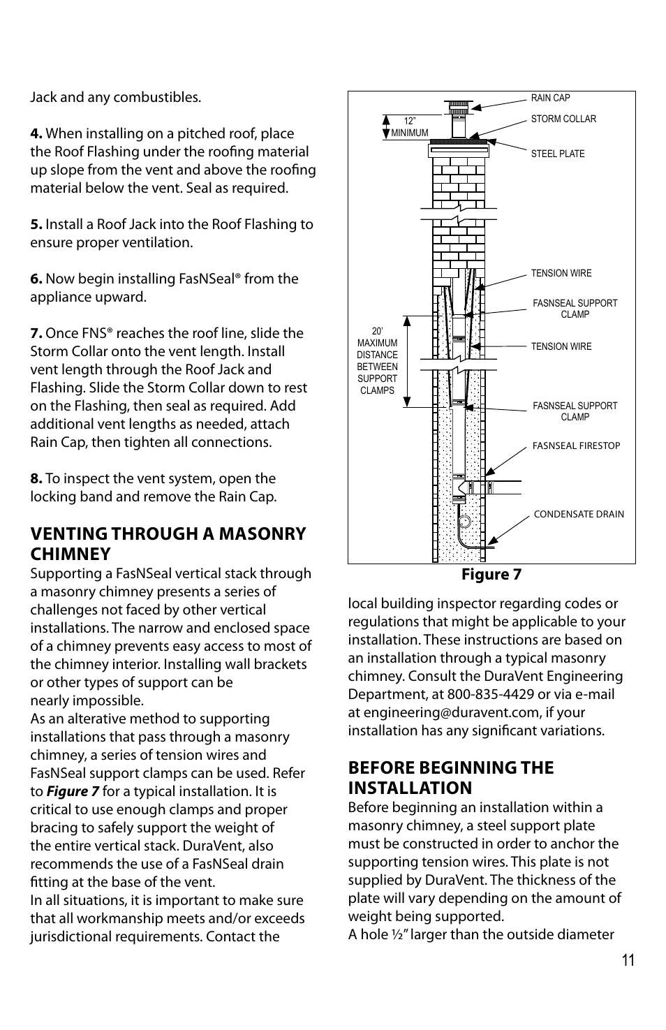 Venting through a masonry chimney, Before beginning the installation, 11 figure 7 | DuraVent FasNSeal Single-Wall User Manual | Page 11 / 20