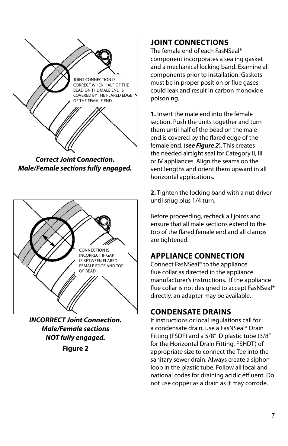 Joint connections, Appliance connection, Condensate drains | DuraVent FasNSeal Single-Wall User Manual | Page 7 / 20