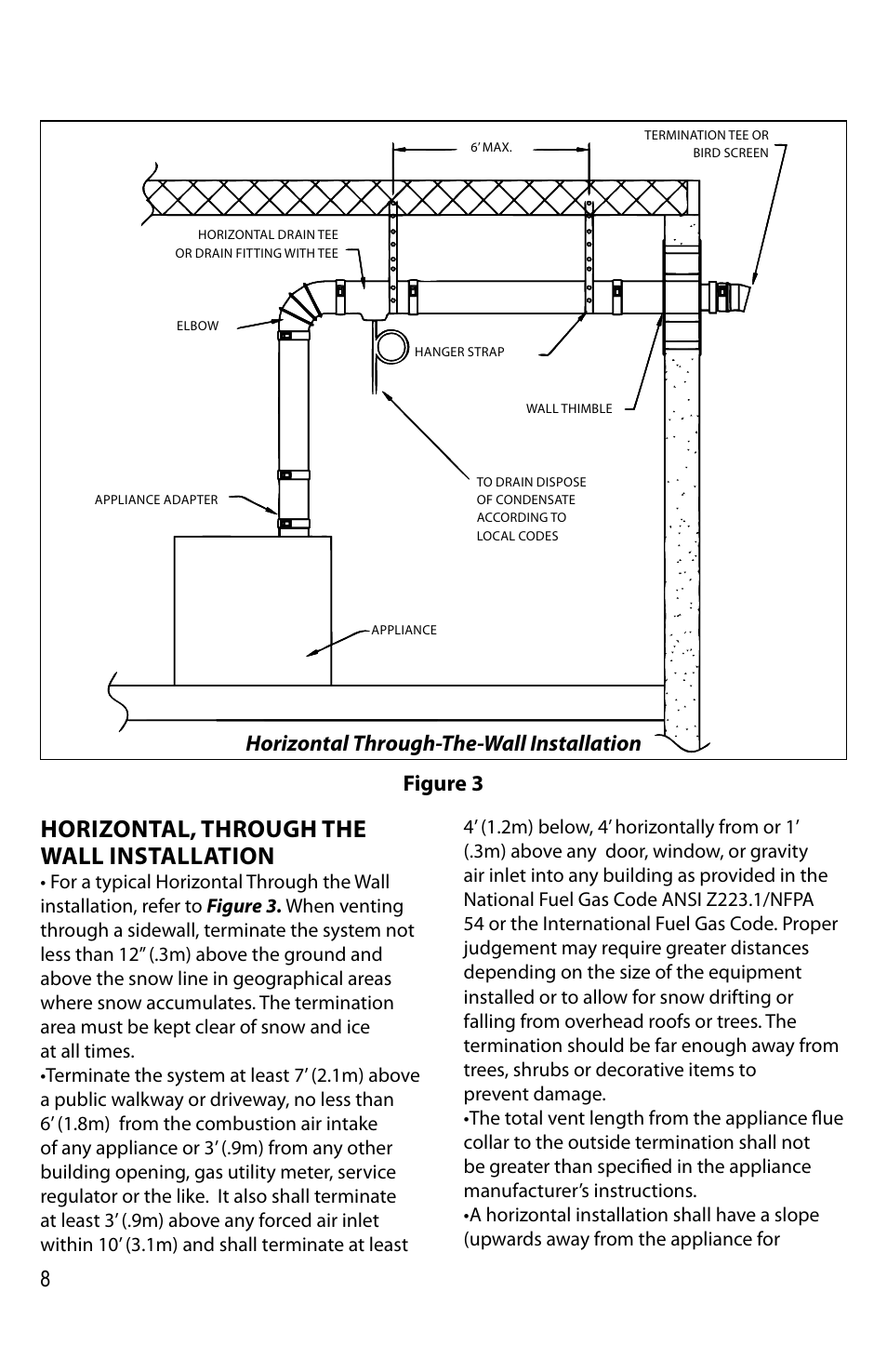 Horizontal, through the wall installation, Horizontal through-the-wall installation, Figure 3 | DuraVent FasNSeal Single-Wall User Manual | Page 8 / 20