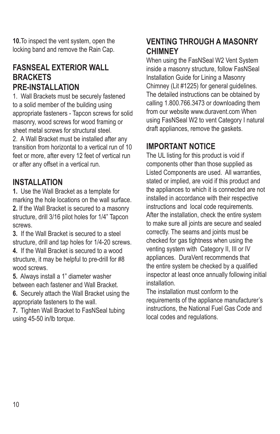 Fasnseal exterior wall brackets pre-installation, Installation, Venting through a masonry chimney | Important notice | DuraVent FasNSeal W2 Double-Wall User Manual | Page 10 / 12