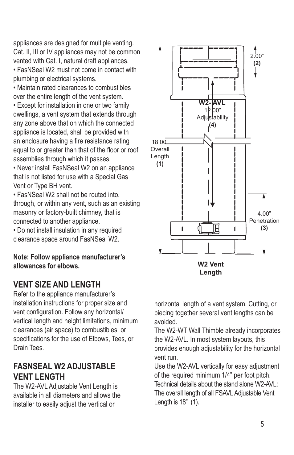 Vent size and length, Fasnseal w2 adjustable vent length | DuraVent FasNSeal W2 Double-Wall User Manual | Page 5 / 12