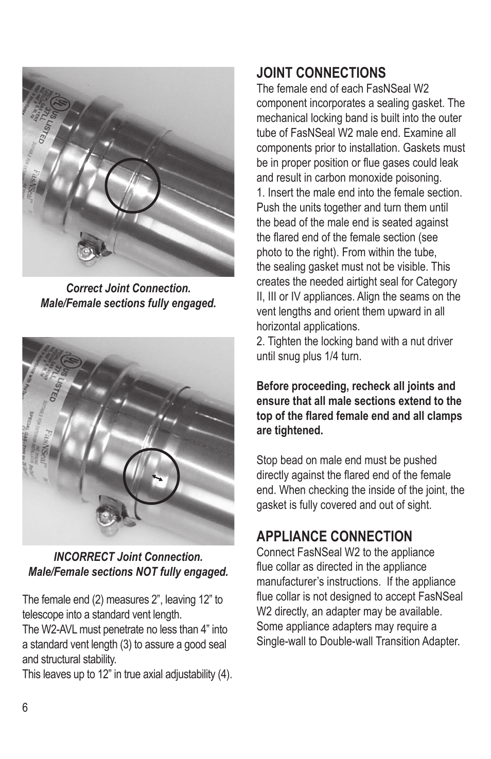 Joint connections, Appliance connection | DuraVent FasNSeal W2 Double-Wall User Manual | Page 6 / 12