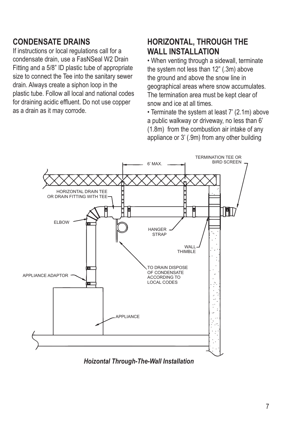 Condensate drains, Horizontal, through the wall installation | DuraVent FasNSeal W2 Double-Wall User Manual | Page 7 / 12