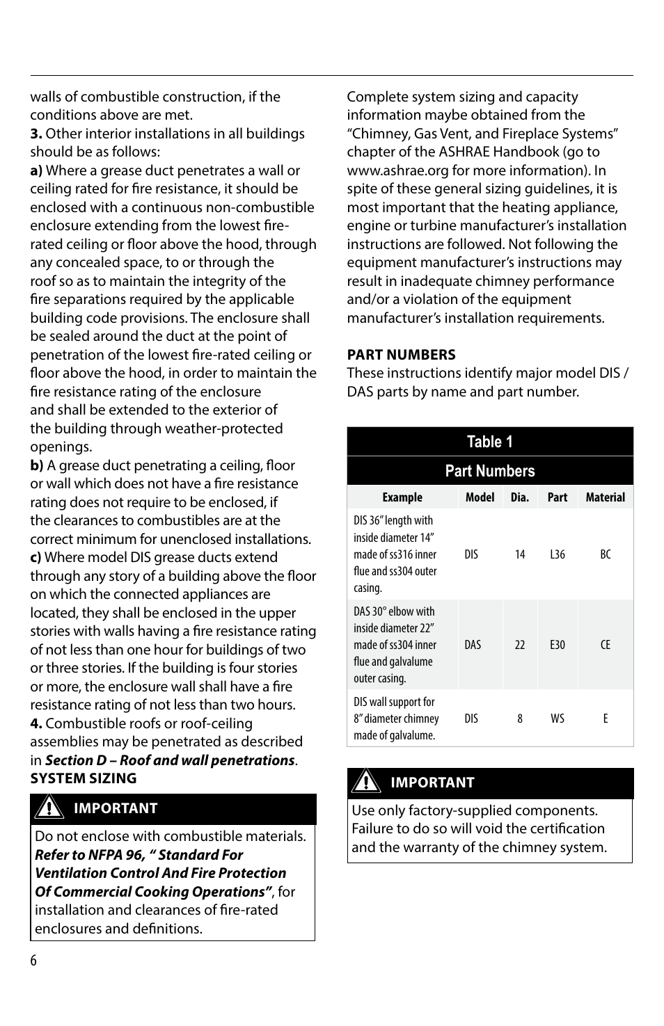 Table 1 part numbers | M&G DuraVent DuraStack® User Manual | Page 6 / 41