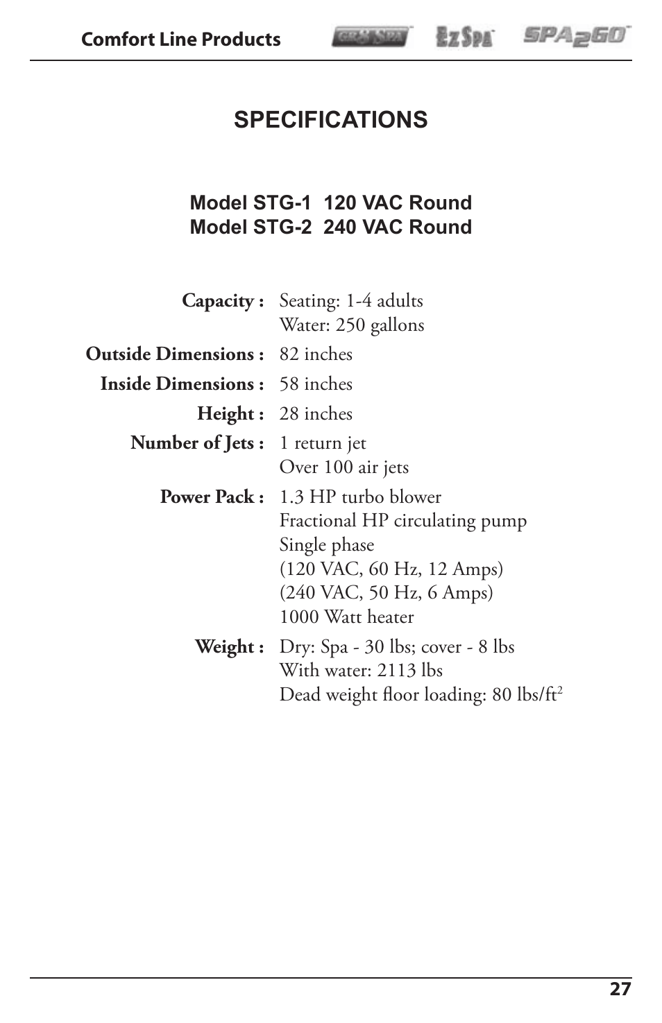 Specifications | Activeforever Spa2Go STG-1 User Manual | Page 27 / 28