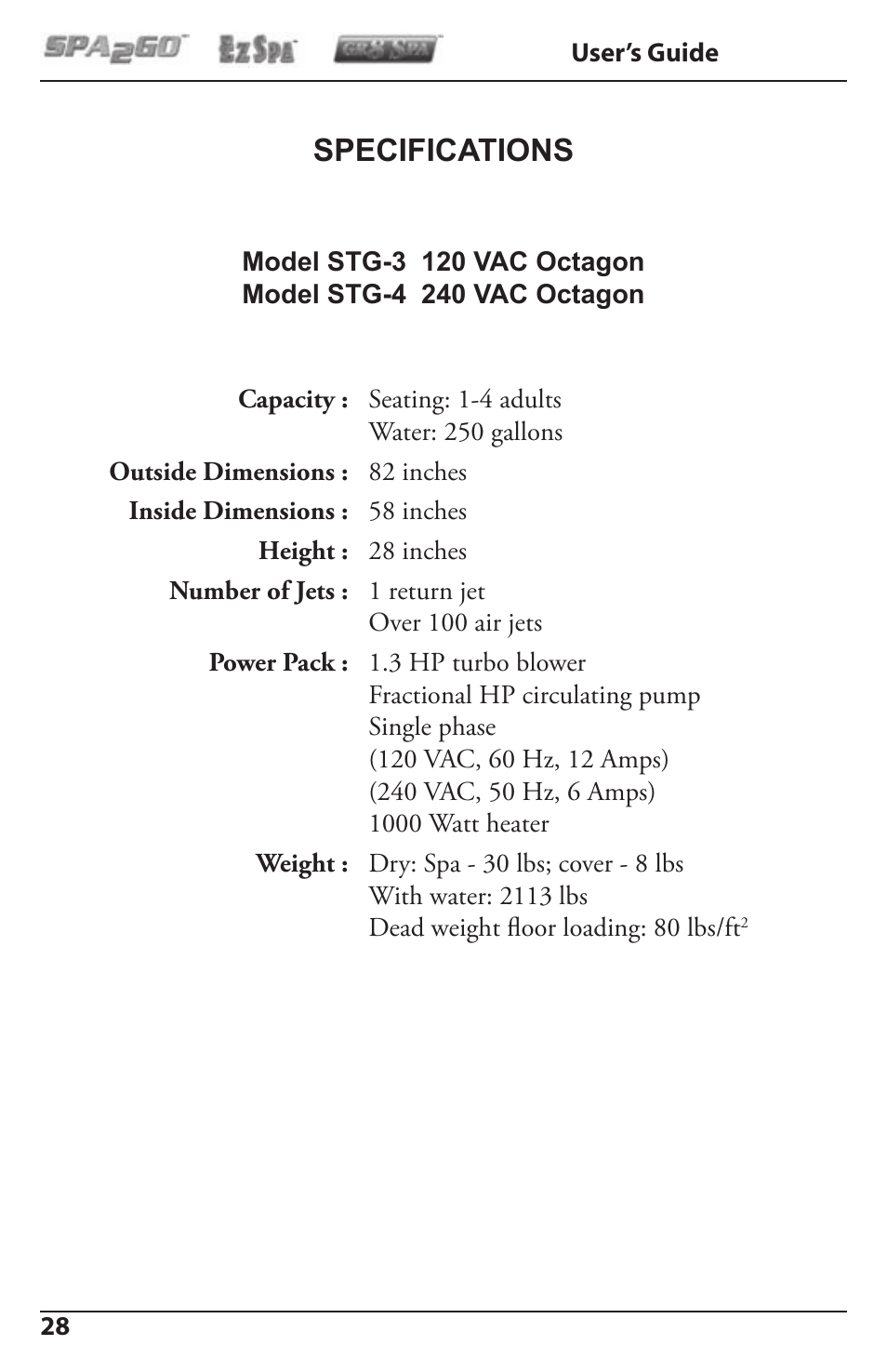 Specifications | Activeforever Spa2Go STG-1 User Manual | Page 28 / 28
