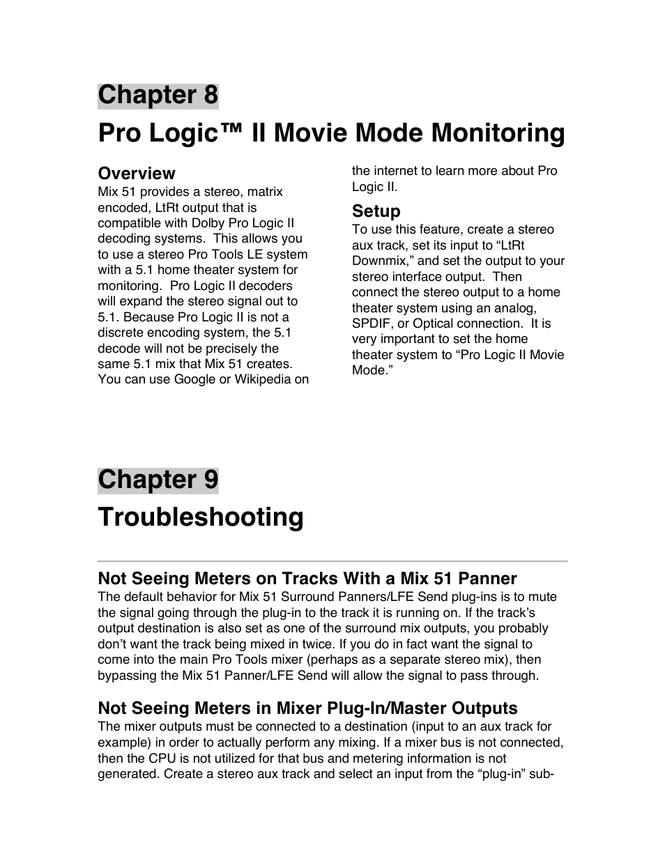 Chapter 8 pro logic™ ii movie mode monitoring, Chapter 9 troubleshooting | Avid Technology PRO TOOLS MIX 51 User Manual | Page 16 / 17