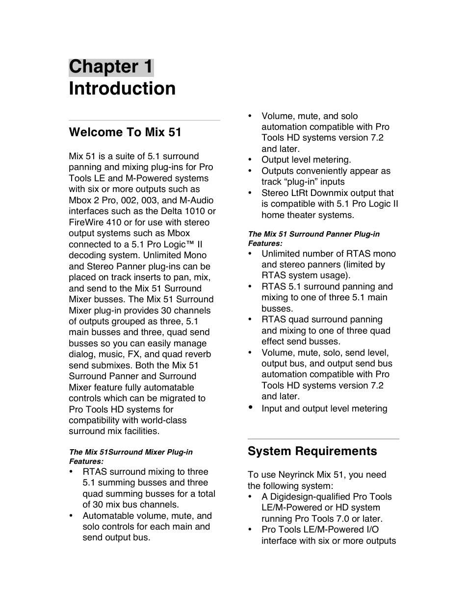 Chapter 1 introduction, Welcome to mix 51, System requirements | Avid Technology PRO TOOLS MIX 51 User Manual | Page 3 / 17
