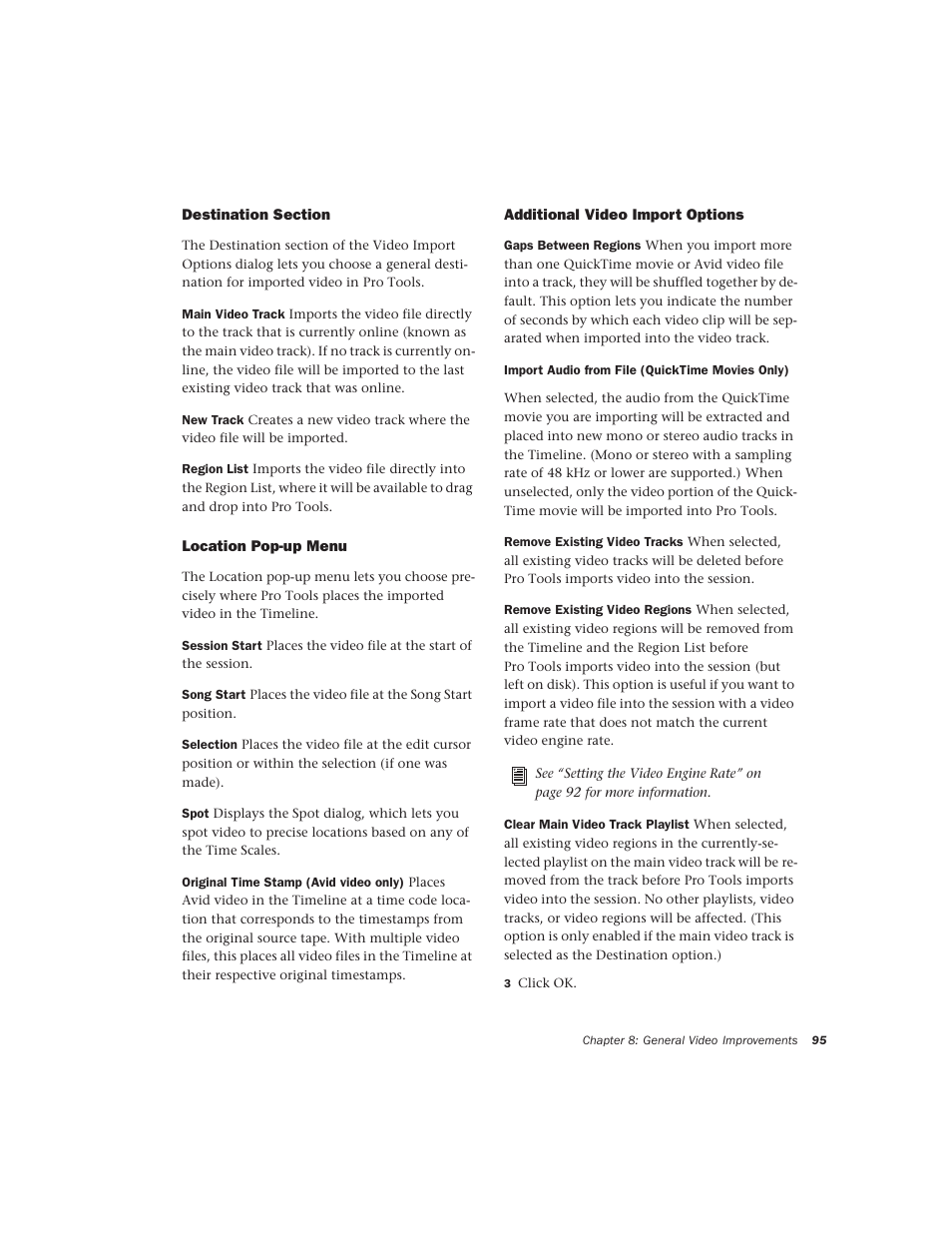 Destination section, Location pop-up menu, Additional video import options | Avid Technology Pro Tools  HD 7.2 User Manual | Page 101 / 130