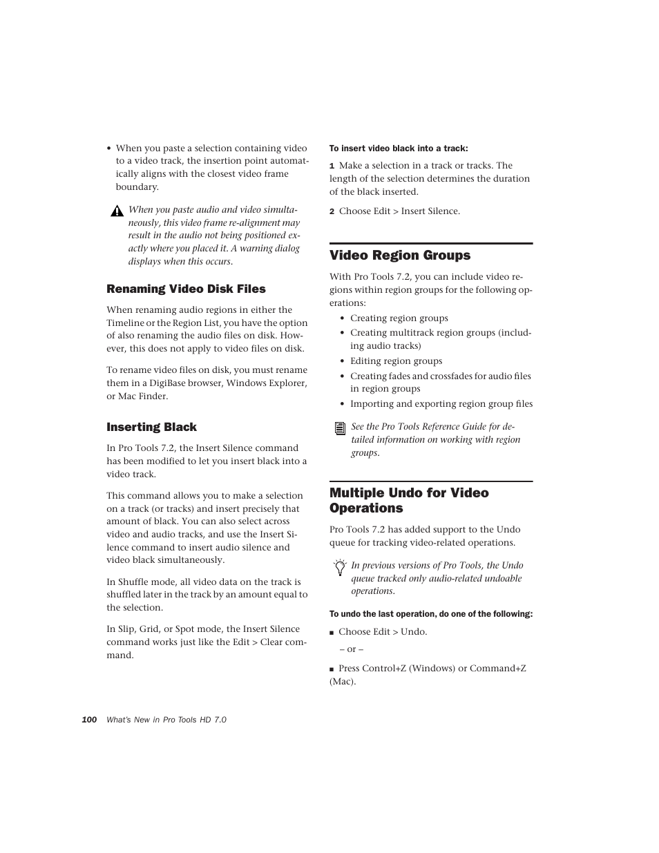 Renaming video disk files, Inserting black, Video region groups | Multiple undo for video operations, Region groups (see “video region groups” on, Inserting black” on | Avid Technology Pro Tools  HD 7.2 User Manual | Page 106 / 130