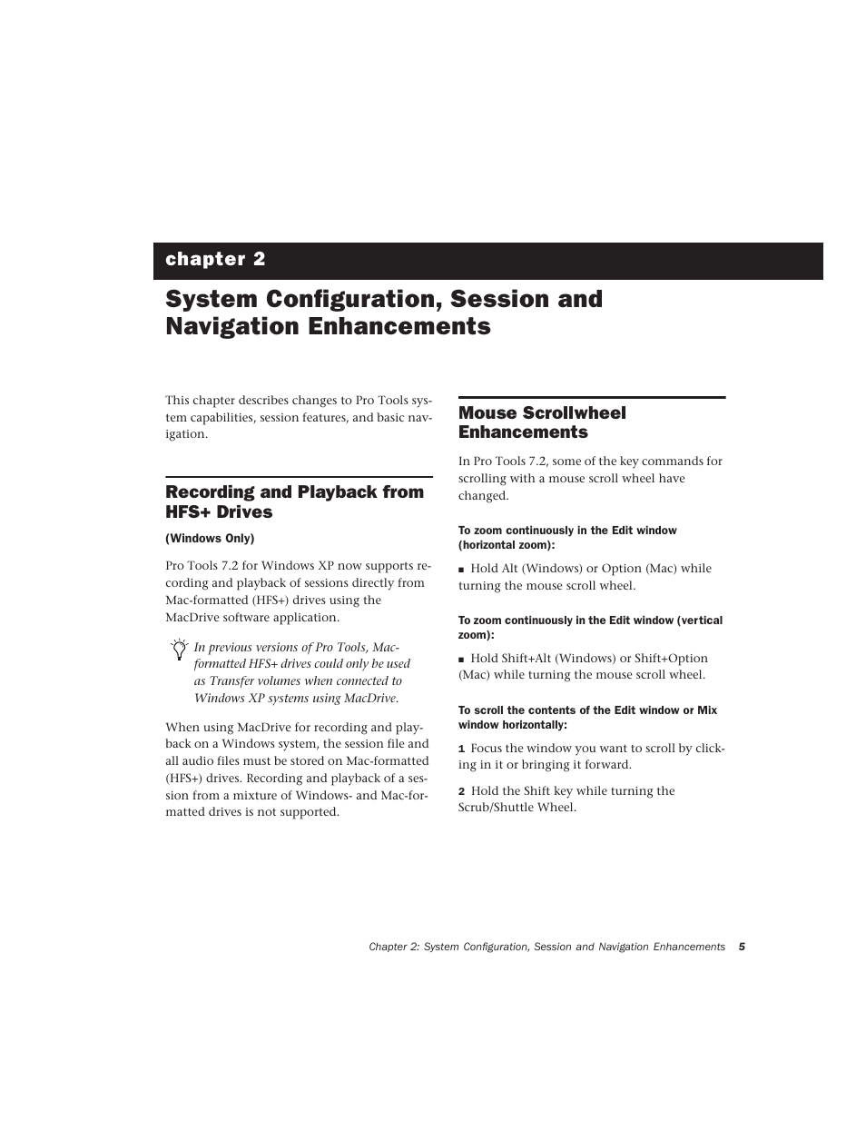 Recording and playback from hfs+ drives, Mouse scrollwheel enhancements, Chapter 2 | Avid Technology Pro Tools  HD 7.2 User Manual | Page 11 / 130