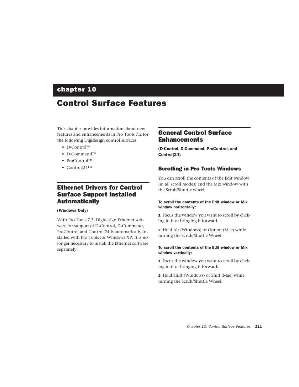 Control surface features, General control surface enhancements, Scrolling in pro tools windows | Chapter 10 | Avid Technology Pro Tools  HD 7.2 User Manual | Page 117 / 130