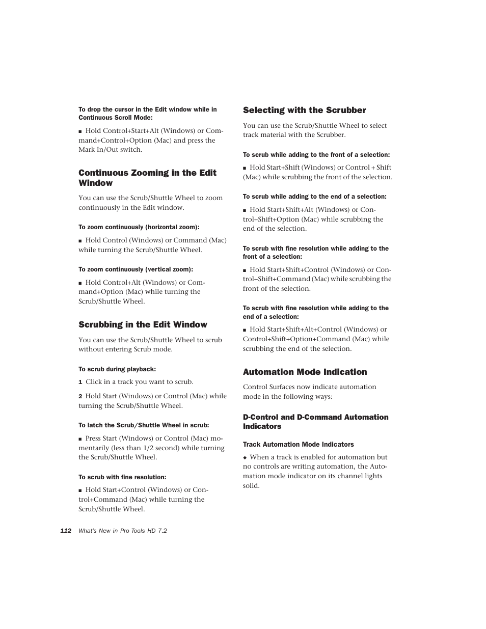 Continuous zooming in the edit window, Scrubbing in the edit window, Selecting with the scrubber | Automation mode indication, D-control and d-command automation indicators | Avid Technology Pro Tools  HD 7.2 User Manual | Page 118 / 130