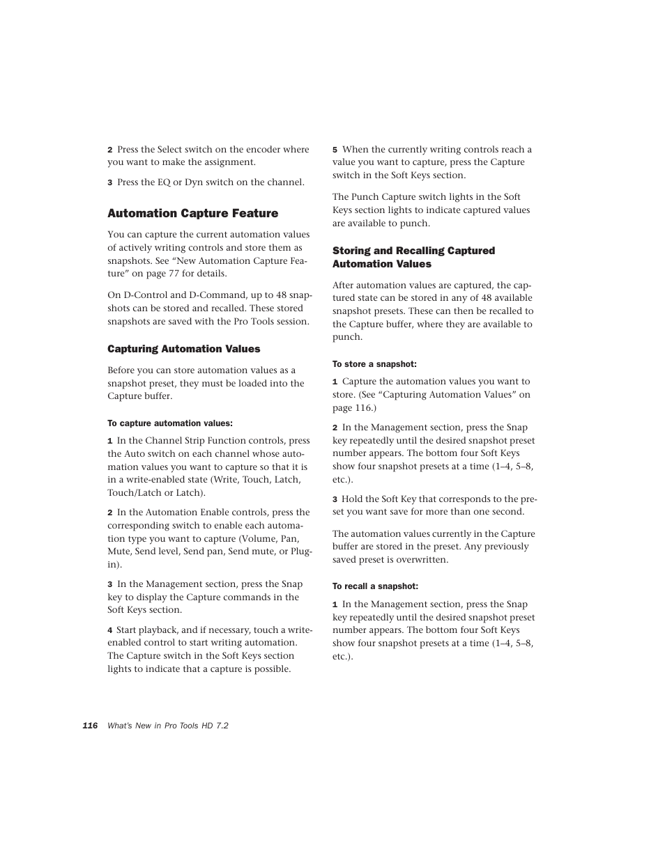 Automation capture feature, Capturing automation values, Storing and recalling captured automation values | Avid Technology Pro Tools  HD 7.2 User Manual | Page 122 / 130