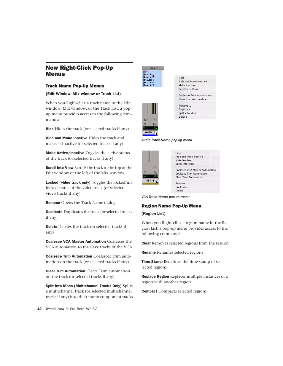 New right-click pop-up menus, Track name pop-up menus, Region name pop-up menu | Avid Technology Pro Tools  HD 7.2 User Manual | Page 18 / 130